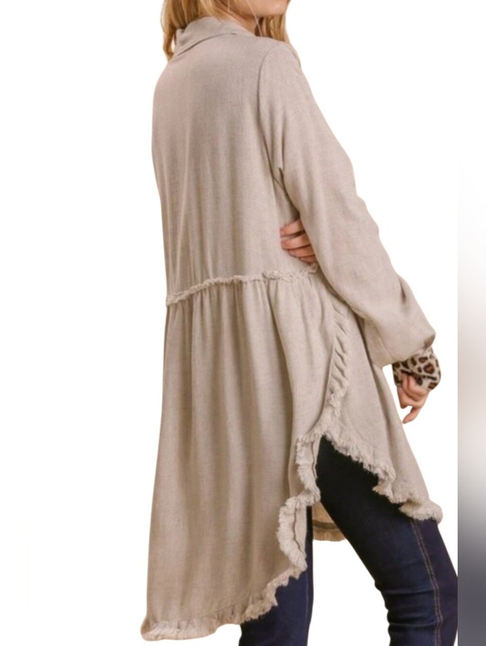 Umgee Linen Cotton Blend Leopard Cheetah Trim Frayed Oatmeal Tunic Top Sz L Boho - Picture 2 of 13